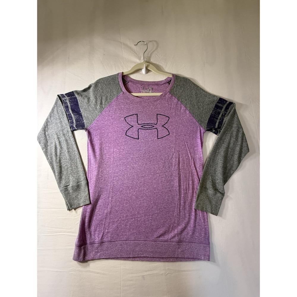 Under Armour Shirt Womens Small Purple Gray Raglan Semi Fitted Heatgear